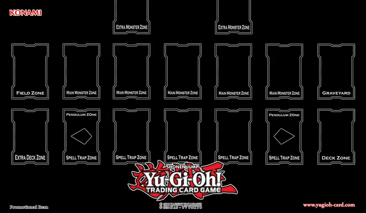 Black Yu-Gi-Oh! playmat with card zones